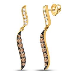 Womens Round Brown Diamond Dangle Earrings 1/2 Cttw 10kt Yellow Gold - REF-24M9H