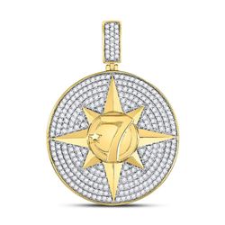 Mens Round Diamond Compass Rose Lucky 7 Charm Pendant 2-3/8 Cttw 10kt Yellow Gold - REF-142H5R