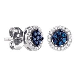 Womens Round Blue Color Enhanced Diamond Cluster Stud Earrings 1/4 Cttw 14k White Gold - REF-16Y9N