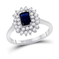 Womens Emerald Lab-Created Blue Sapphire Solitaire Ring 1-1/3 Cttw 10kt White Gold - REF-16Y9N