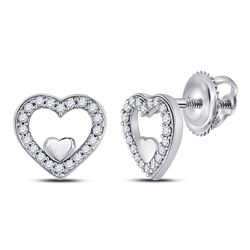 Womens Round Diamond Heart Earrings 1/8 Cttw 10kt White Gold - REF-9X5A