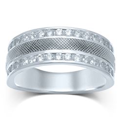 Mens Round Diamond Double Row Textured Wedding Band Ring 1 Cttw 14kt White Gold - REF-107X9A