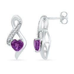 Womens Heart Amethyst Diamond Fashion Earrings 1/20 Cttw 10kt White Gold - REF-14H9R