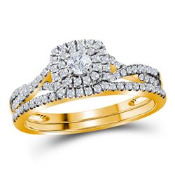 Round Diamond Halo Bridal Wedding Ring Band Set 1/2 Cttw 10kt Yellow Gold - REF-34W9K