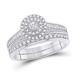 Round Diamond Halo Bridal Wedding Ring Band Set 1/2 Cttw 10kt White Gold - REF-34W9K