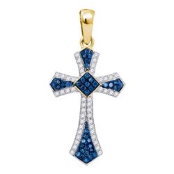 Womens Round Blue Color Enhanced Diamond Cross Pendant 1/4 Cttw 10kt Yellow Gold - REF-17W5K