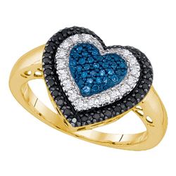 Womens Round Black Blue Color Enhanced Diamond Heart Ring 1/4 Cttw 10kt Yellow Gold - REF-24X9A
