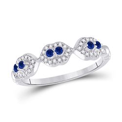 Womens Round Blue Sapphire Diamond Band Ring 1/4 Cttw 14kt White Gold - REF-18W5K