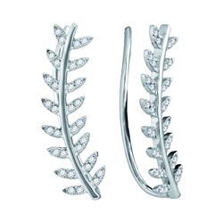 Womens Round Diamond Floral Leaf Climber Earrings 1/4 Cttw 10kt White Gold - REF-19A5M