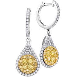 Womens Round Yellow Diamond Teardrop Dangle Earrings 1-5/8 Cttw 14kt White Gold - REF-135Y9N