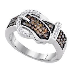 Womens Round Brown Diamond Belt Buckle Band Ring 1/2 Cttw 10kt White Gold - REF-25M9H