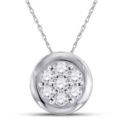 Womens Round Diamond Flower Cluster Pendant 1/10 Cttw 10kt White Gold - REF-8R9X