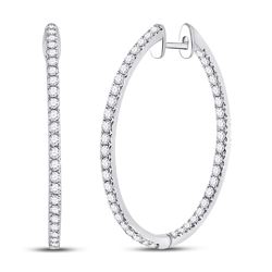 Womens Round Diamond Slender Single Row Hoop Earrings 1-1/2 Cttw 14kt White Gold - REF-96H9R