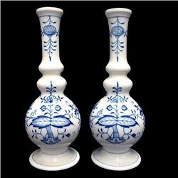 A pair of blue onion bud vases; cobalt marks