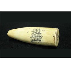 Scrimshaw, two clipper ships and lighthouse