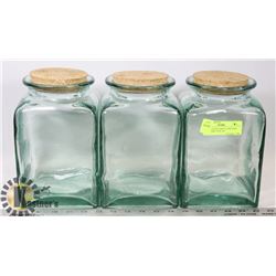 GREEN GLASS LARGE CANISTERS WITH CORK TOPS- SET