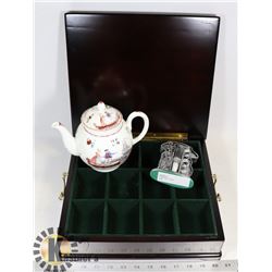 TEA CHEST, TEAPOT AND TIMER