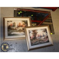 MIRROR AND 2 FRAMED SCENIC PICTURES