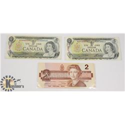 TWO CANADIAN 1972 $1 BILLS & ONE 1986 $2 BILLS