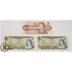 TWO CANADIAN 1972 $1 BILLS & ONE 1986 $2 BILLS