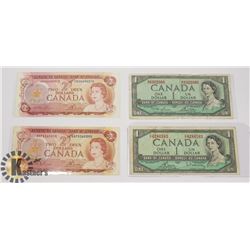 TWO CANADIAN 1954 $1 BILLS & TWO 1976 CANADIAN $2