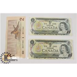 TWO CANADIAN 1972 $1 BILLS & ONE 1986 $2 BILLS