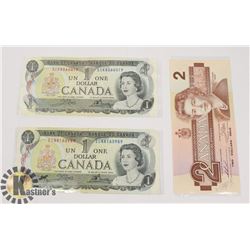 TWO CANADIAN 1972 $1 BILLS & ONE 1986 $2 BILLS