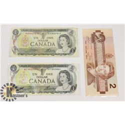 TWO CANADIAN 1972 $1 BILLS & ONE 1986 $2 BILLS