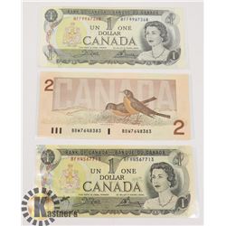 TWO CANADIAN 1972 $1 BILLS & ONE 1986 $2 BILLS