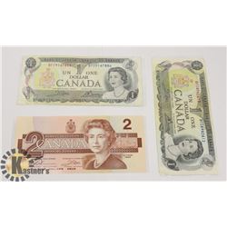 TWO CANADIAN 1972 $1 BILLS & ONE 1986 $2 BILLS