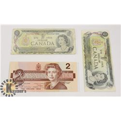 TWO CANADIAN 1972 $1 BILLS & ONE 1986 $2 BILLS
