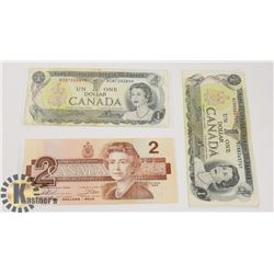 TWO CANADIAN 1972 $1 BILLS & ONE 1986 $2 BILLS