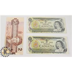 TWO CANADIAN 1972 $1 BILLS & ONE 1986 $2 BILLS