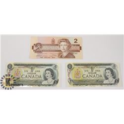 TWO CANADIAN 1972 $1 BILLS & ONE 1986 $2 BILLS