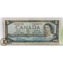 1954 CANADIAN $5 BILL SERIAL BX4236770 B/R