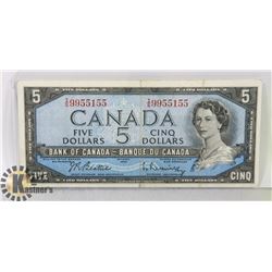 1954 CANADIAN $5 BILL SERIAL IS9955155 B/R