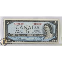 1954 CANADIAN $5 BILL SERIAL NX3403960 B/R