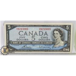 1954 CANADIAN $5 BILL SERIAL UX8215005 B/R