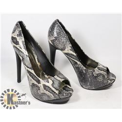 BLACK & GREY SNAKESKIN STILETTOS, SIZE - 8