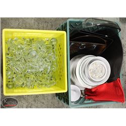 CRATE W/ ASSORTED DISHWARE & SHOTGLASSES