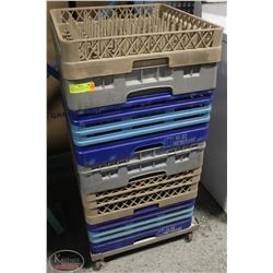 LOT OF DISHWASHER TRAYS W/ 4-WHEEL TRAY CART