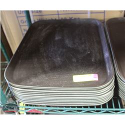 STACK OF 11 RUBBER-LINED EATERY SERVING TRAYS
