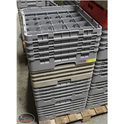 STACK OF FULL DISHWASHER RACKS OF ASST. GLASSWARE