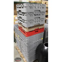 STACK OF FULL DISHWASHER RACKS OF ASST. GLASSWARE