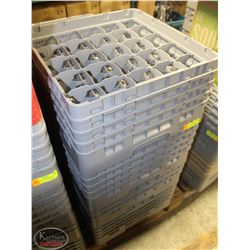 STACK OF FULL DISHWASHER RACKS OF ASST. GLASSWARE