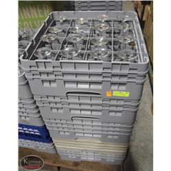 STACK OF FULL DISHWASHER RACKS OF ASST. GLASSWARE
