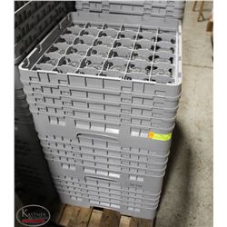 STACK OF FULL DISHWASHER RACKS OF ASST. GLASSWARE