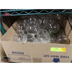 FLAT OF ASSORTED WINE GLASSES W/ 2 DECANTERS