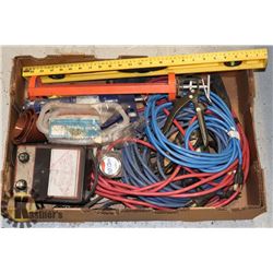 BOC OF ASSORTED TOOLS LEVEL, POWER CHORDS, CALKING