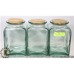 GREEN GLASS LARGE CANISTERS WITH CORK TOPS- SET